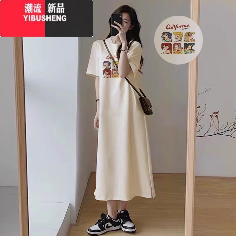 YIBUSHENG大码女装t恤连衣裙季长款过膝胖mm加肥遮肚子显瘦直筒长裙高清大图
