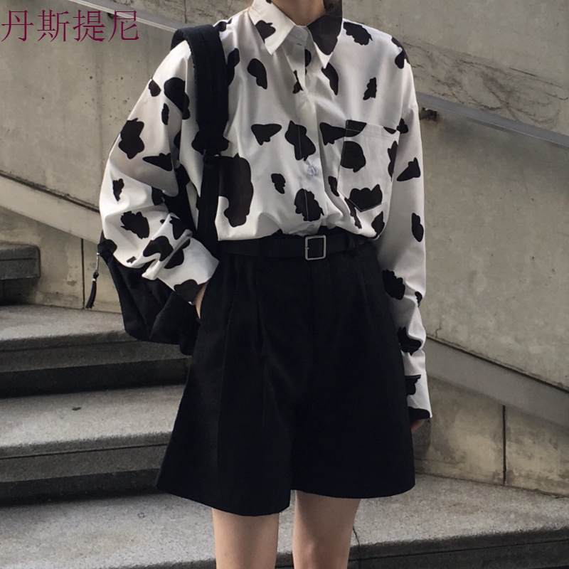 秋季韩版女装印花长袖衬衫套装+高腰西装阔腿短裤休闲两件套+腰带
