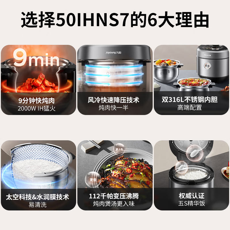 九阳电压力煲316不锈钢双胆0涂层5升IH电磁加热电饭锅50IHNS7 台高清大图