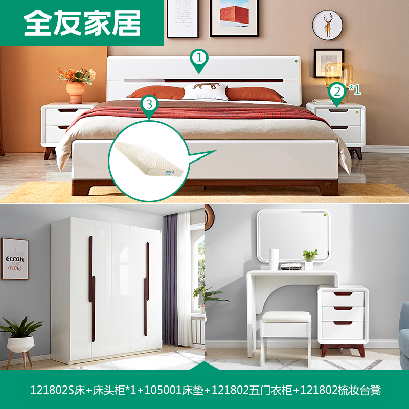 全友家居 现代简约卧室家具套装 双人床衣柜梳妆台凳 1.8米床+床头柜*1+105001床垫+五门衣柜+梳妆台凳