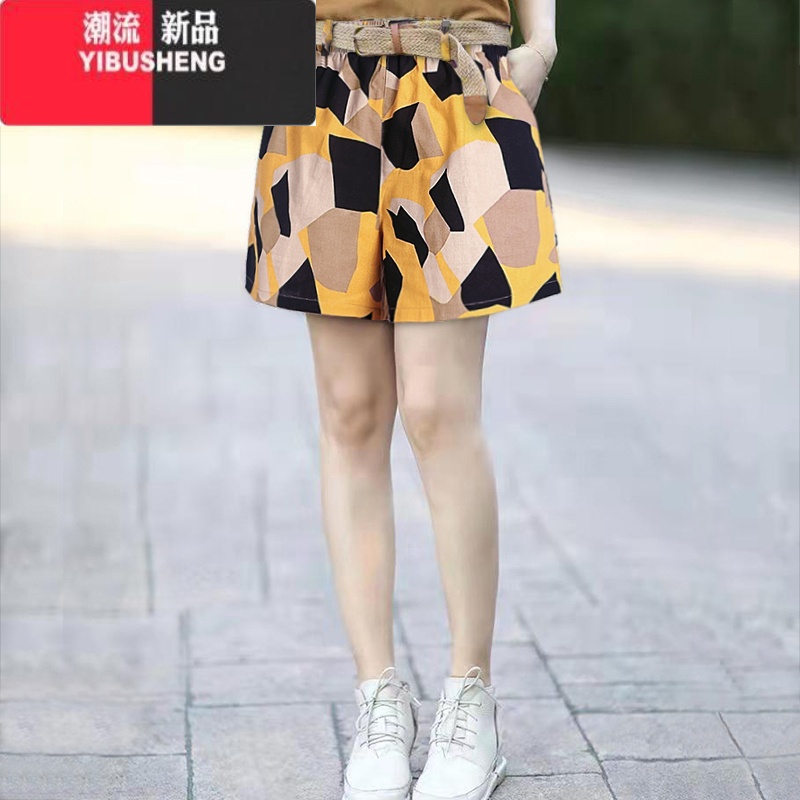 YIBUSHENG棉麻短裤女2024季新款大码休闲裤韩版高腰松紧印花阔腿哈伦裤高清大图