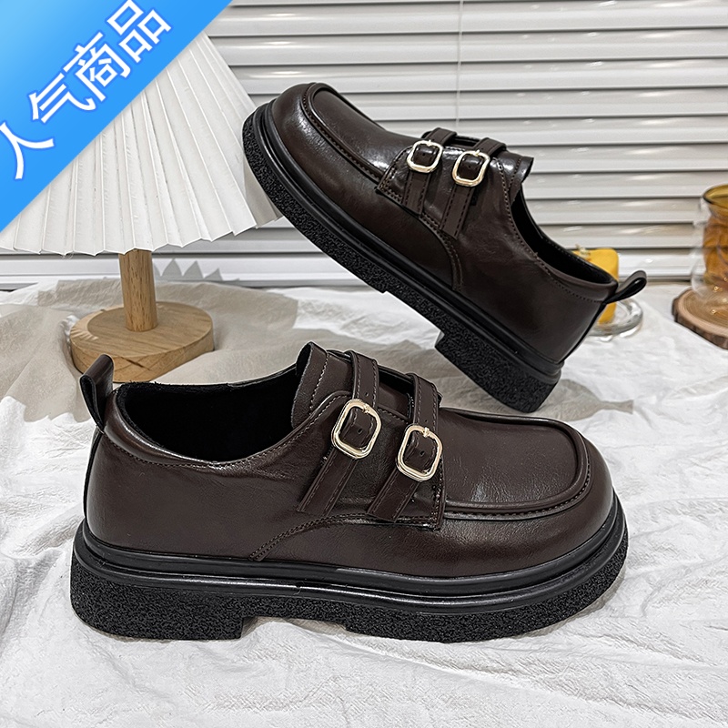 SUNTEK复古英伦风小皮鞋女2023春新款厚底一脚蹬乐福鞋日系jk玛丽珍单鞋 棕色 39标准尺码