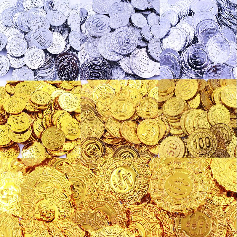 儿童玩具筹码游戏仿真塑料硬币抓奖假金币道具海盗币宝藏财宝 金字比特币100枚高清大图