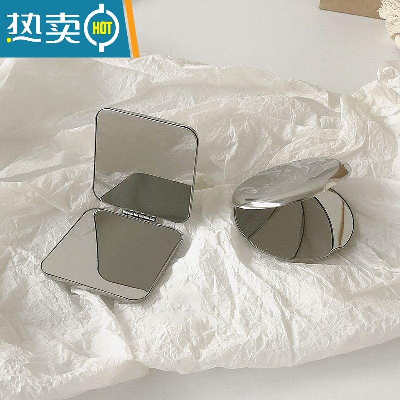 敬平ins手持双面小镜子女随身携带折叠化妆镜翻盖式不锈钢小号便携 银色便携式用镜高清大图