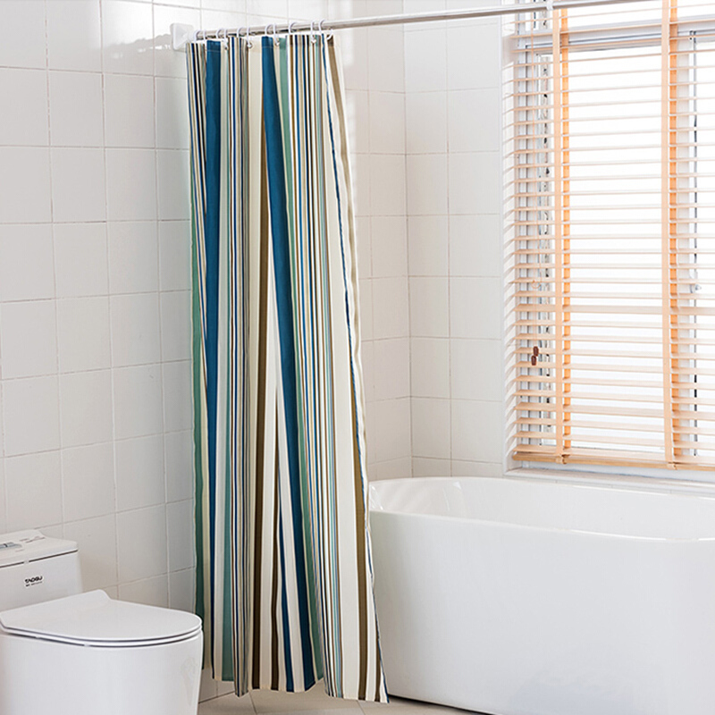 浴帘涤纶布加厚防水保暖不透明条纹印花金属扣眼居家浴室遮挡帘子