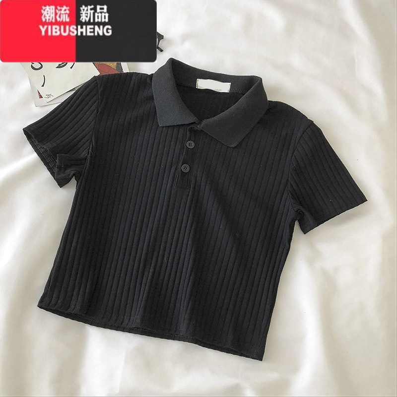 YIBUSHENGins火polo领短袖t恤女天高腰短款修身显瘦半袖上衣坑条打底衫