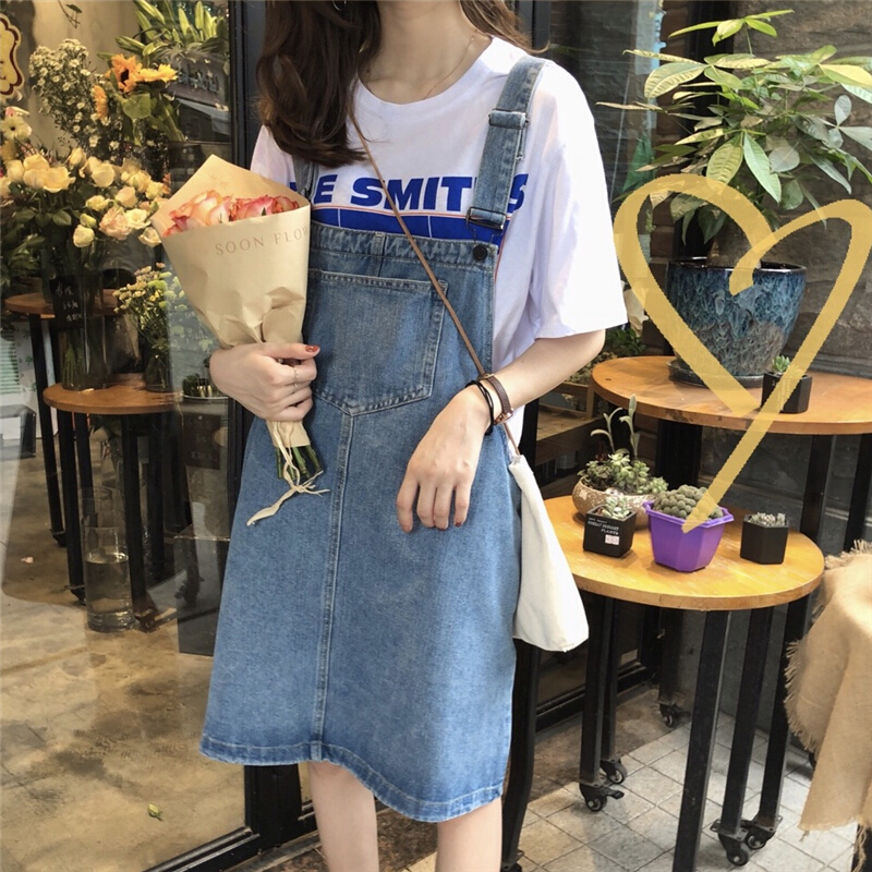 怪兽女夏牛仔背带裙2018新款韩版学生宽松大码显瘦a字中裙连衣裙蓝色