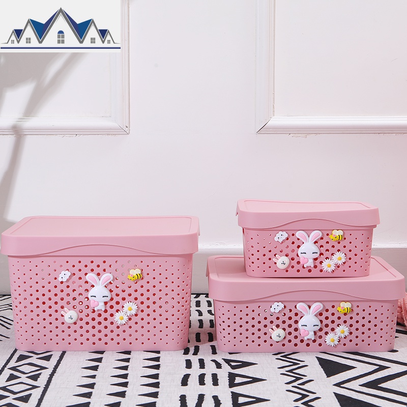 置物蓝卡通北欧儿童塑料收纳箱有盖镂空装书收纳筐杂物玩具收纳篮 三维工匠 粉色兔子款套装框