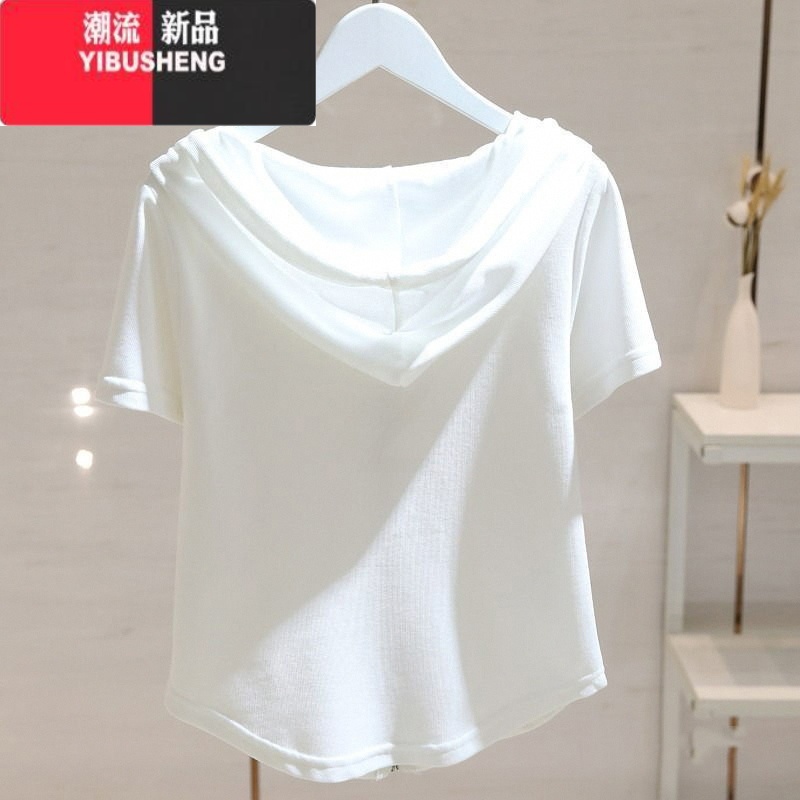 YIBUSHENG300斤大码女装设计感连帽短袖T恤季新款胖mm开衫拉链运动上衣斤高清大图