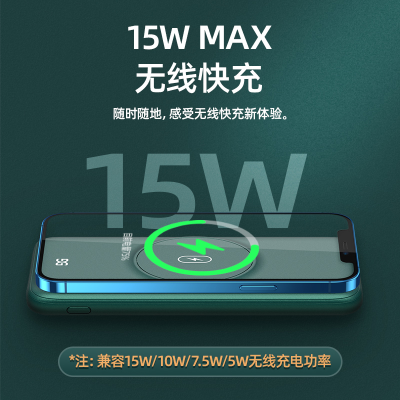 古尚古magsafe磁吸式无线充电宝器10000毫安适用于苹果12便携15W快充背夹电池绿色+数据线+充电器