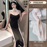 女士情趣内衣修女角色扮演性感网纱长裙诱惑透视蕾丝吊带睡裙丁字内裤套装破洞开档露乳丝袜女式情趣睡衣夫妻调情长夜漫漫成人用品 均码（85-130斤） 修女套装+开档白丝袜