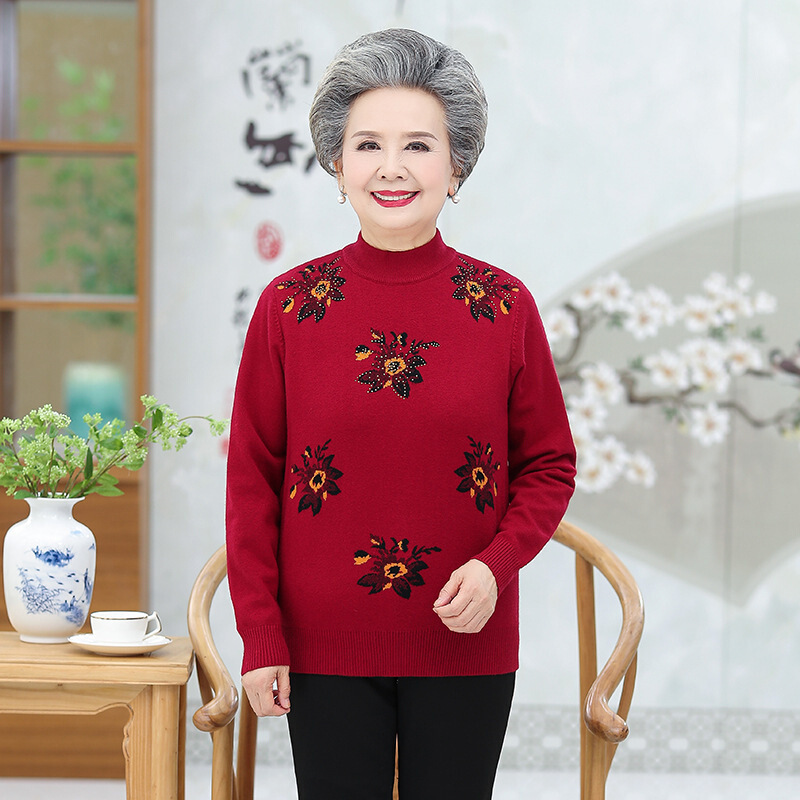 迪鲁奥(DILUAO)中年春妈妈装高领毛线衣中老年女装毛衣针织衫奶奶装打底衫 红色 XL