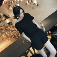 雪纺衫配阔腿裤子连体短裤套装时尚洋气宽松2018短袖女装夏天黑色单件连体裤