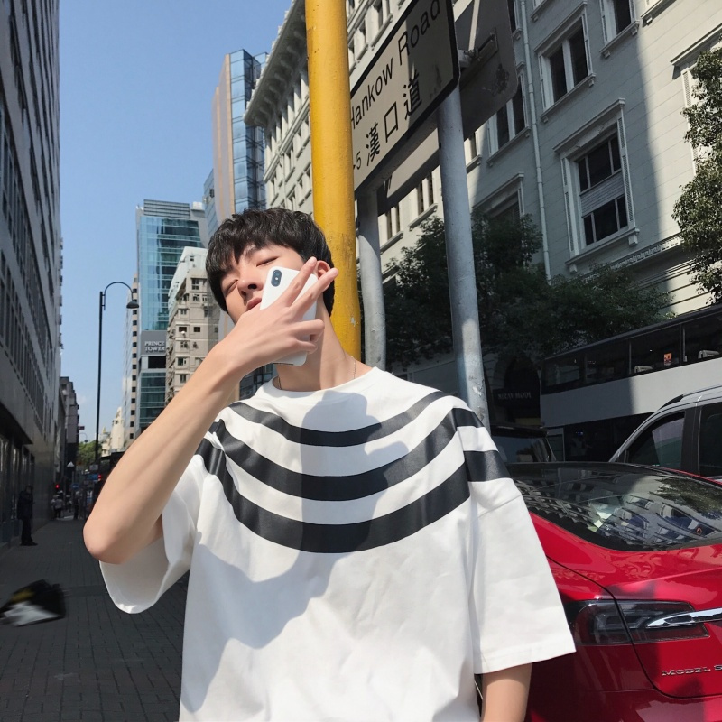 韩版港男士Tee条纹帅气短袖T恤夏季学生情侣帅气半袖体恤打底衫