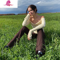 艳如飞法式一字露肩双层褶皱网纱长袖T恤女春Chic仙女气质短款修身上衣T恤