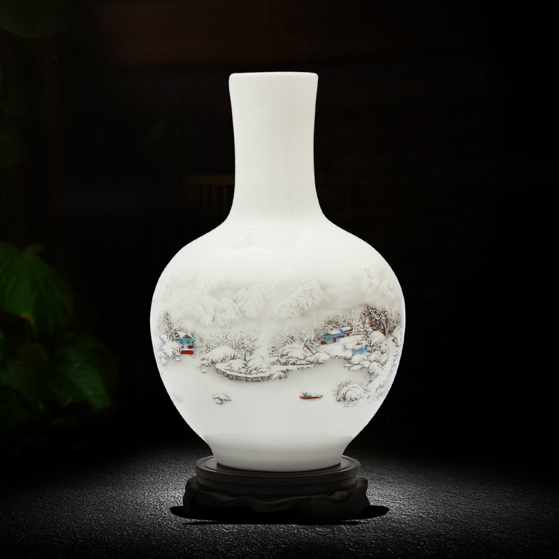 景德镇陶瓷器花瓶 落地大号仿古清明上河图青花瓷瓶酒店客厅摆件 三维工匠 雪景天球瓶+底座高清大图