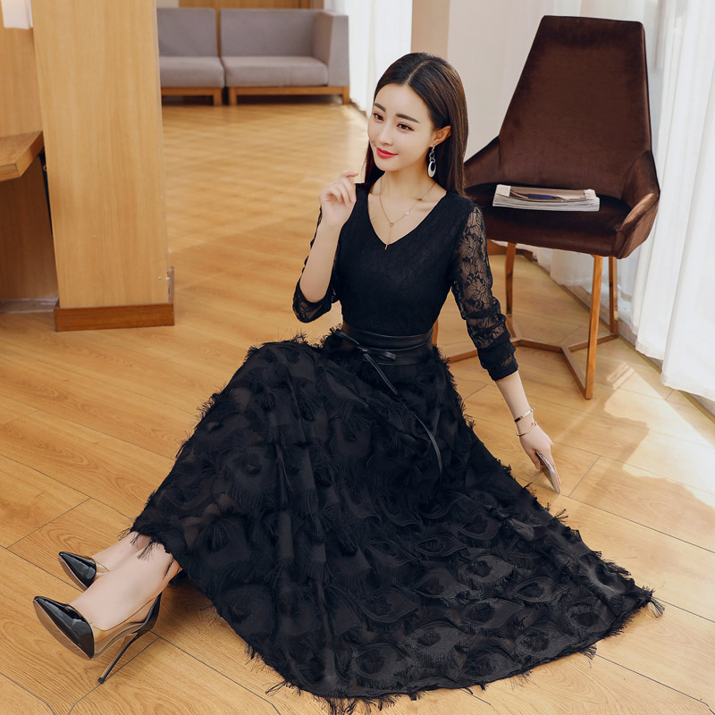 长裙长袖拉链蕾丝X型女士年秋季单件圆领纯色连衣裙舒适修身