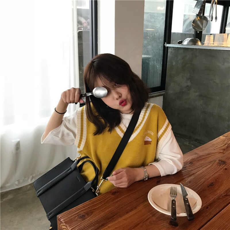 春夏女装韩版宽松撞色条纹V领刺绣针织衫毛衣无袖马甲背心上衣潮黑色均码