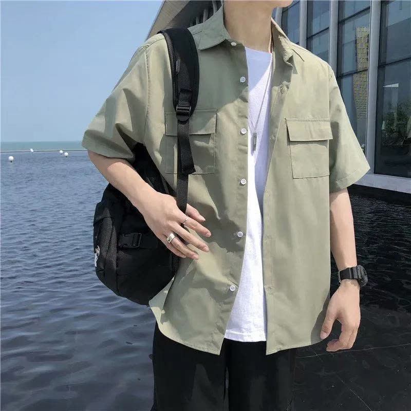 港风ins衬衫男短袖韩版纯色工装衬衣潮流夏季薄款五分半袖日 莎丞图片