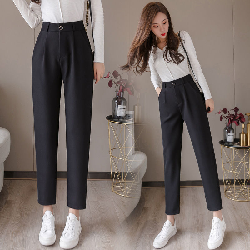 西装裤女韩版学生宽松烟管裤2020春夏九分老爹裤哈伦小脚黑色裤子