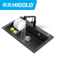 悍高石英石水槽手工单槽洗菜盆加厚黑色厨房洗碗池套餐带沥水篮