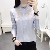 衬衫女刺绣长袖韩版百搭学生秋装2019新款女荷叶立领打底衬衣女潮