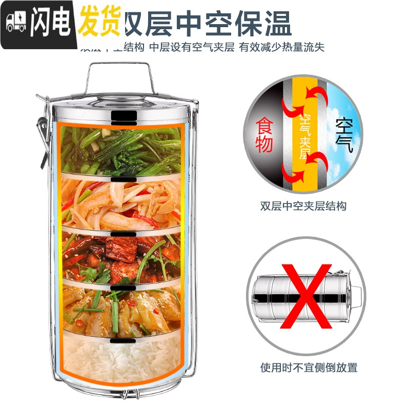 三维工匠不锈钢双层保温饭盒桶2/3/4/5多层便当饭菜餐盒超大容量食格 18cm五层本色(装菜8-10人用)净重5.3斤
