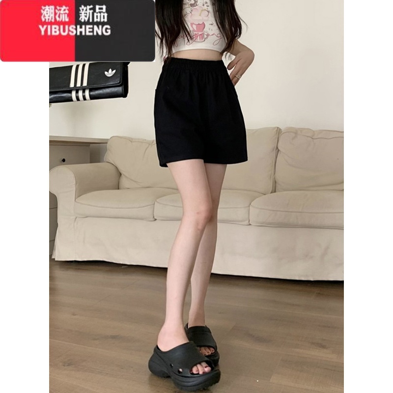 YIBUSHENG松紧腰黑色休闲裤直筒裤女季宽松显瘦中裤阔腿裤短裤小个子裤子高清大图