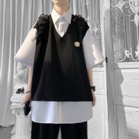 港风假两件衬衫男短袖夏季韩版潮流拼接小熊设计半袖衬衣学生宽松 黑白T8126 (收藏店铺优先发货) S 适合(85-10