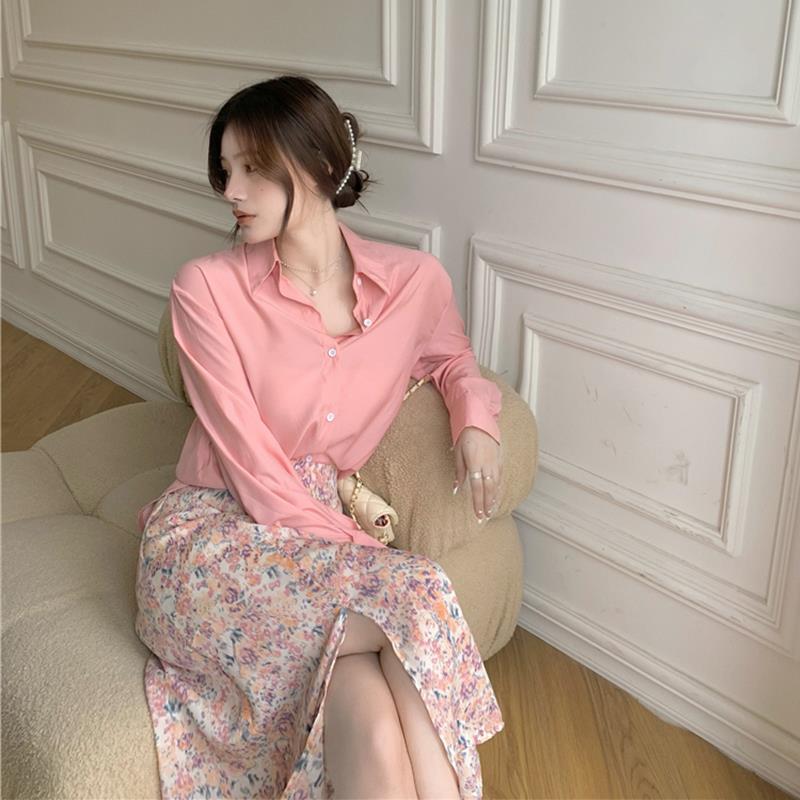 春季2022年时尚新款女套装长袖衬衫+中长款碎花半身裙两件套潮ins 黄色半身裙 XL