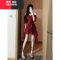 YIBUSHENG法式红色吊带连衣裙女季收腰显瘦设计感落肩袖短裙不规则裙子潮