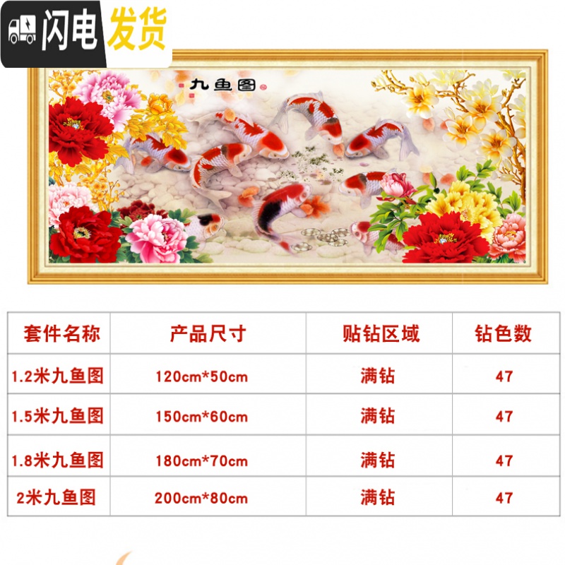 三维工匠钻石画2020年新款5d年年有余九鱼图水晶水钻满钻十字 [钻石画][花开富贵九鱼图220*90厘米][满钻十字绣高清大图