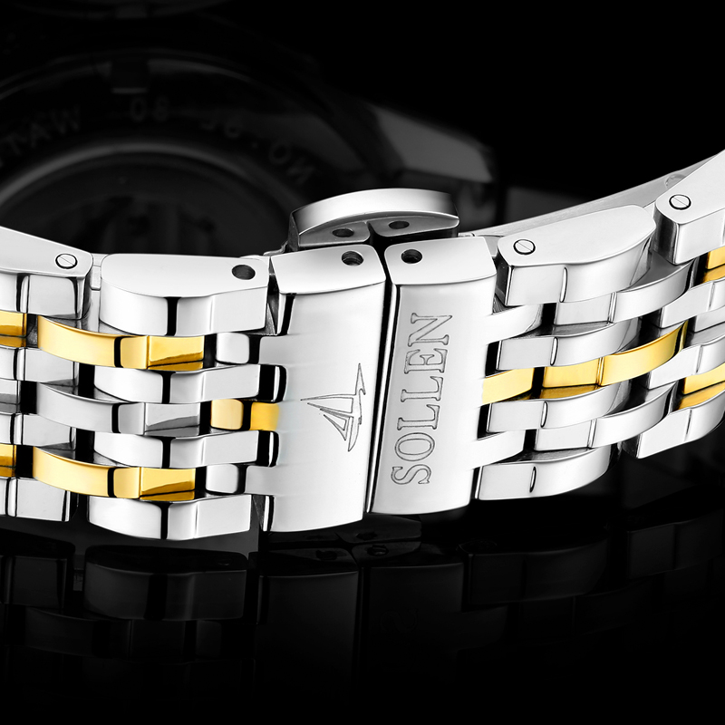 梭伦(SOLLEN)新款手表正品自动机械表男表陀飞轮夜光时尚休闲正装钢带防水男士手表SL-9006高清大图