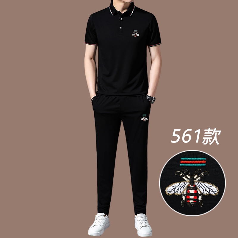 恒源祥高端品牌男士休闲运动服套装男夏季冰丝短袖男潮流时尚帅气 561款黑色 175/XL适合体重135-155斤