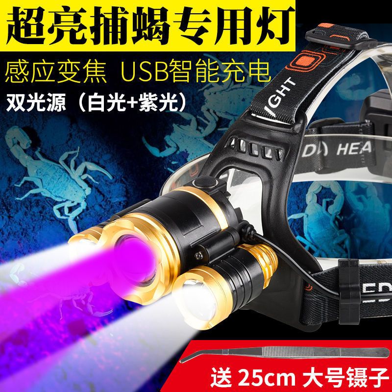 超亮捕蝎子灯紫光头灯强光变焦远射头戴抓捉照逮豆虫大光圈感应L 买捕蝎头灯送2个25CM长镊子 单头变焦不感应蝎子头灯2电