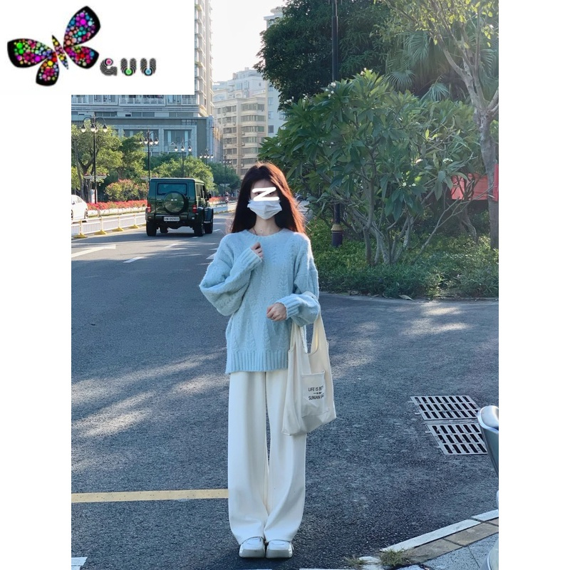 语娄圆领毛衣女2023新款宽松慵懒软糯高级感打底小个子针织衫上衣