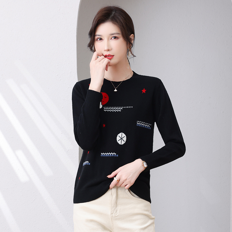 恒源祥100绵羊毛衫女圆领甜美减龄时尚女士毛衣宽松女上衣服秋冬