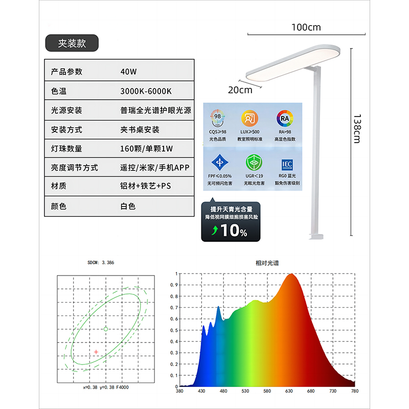 格瑞捷 LED护眼办公学习灯 书桌款-200*1000mm 40W/个高清大图