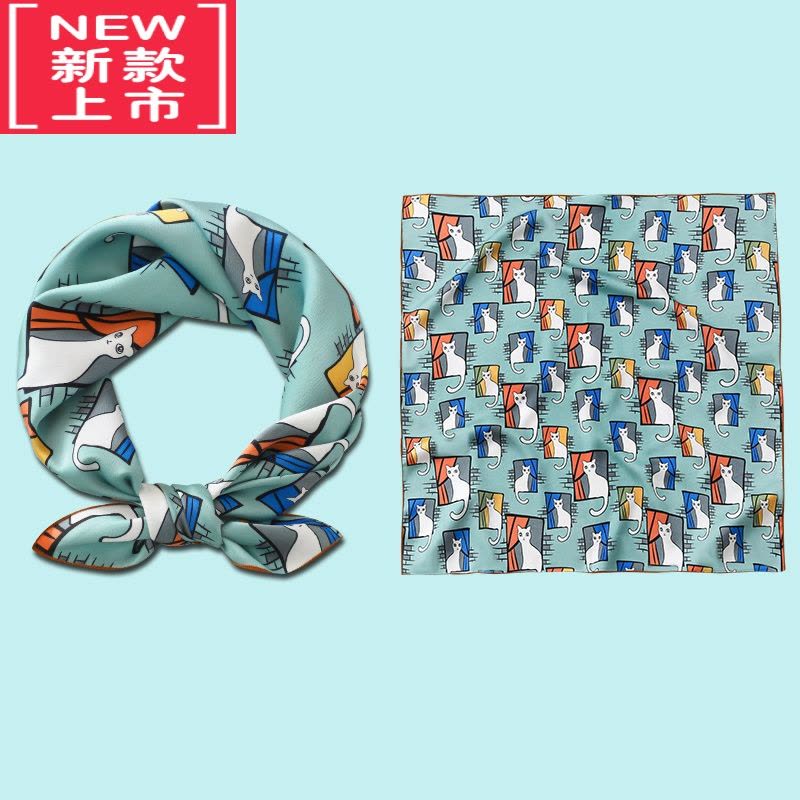 可莉允猫咪儿童可爱小方巾丝巾女百搭春秋纱巾薄围巾脖子搭配衬衫60x60毛巾图片