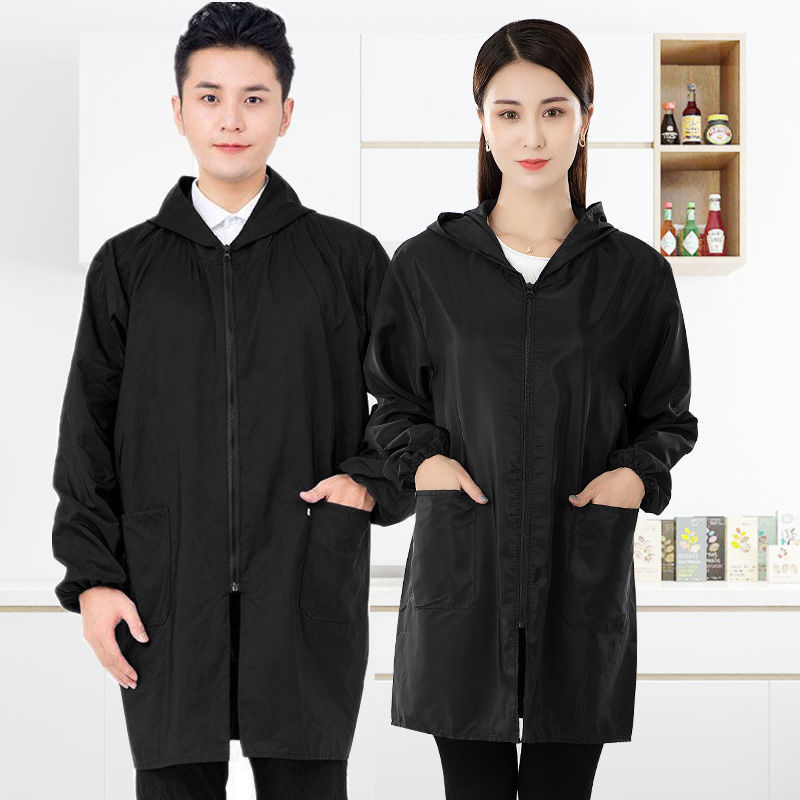 护衣加长款罩衣大人工作服家用厨房防水防油长袖围裙女士时尚冬季 普通短款黑色 XL[80-110斤]