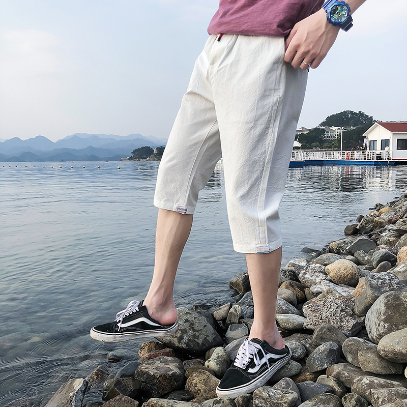 2018夏季年轻男士薄款韩版七分休闲裤棉麻裤哈伦裤青年舒适潮短裤
