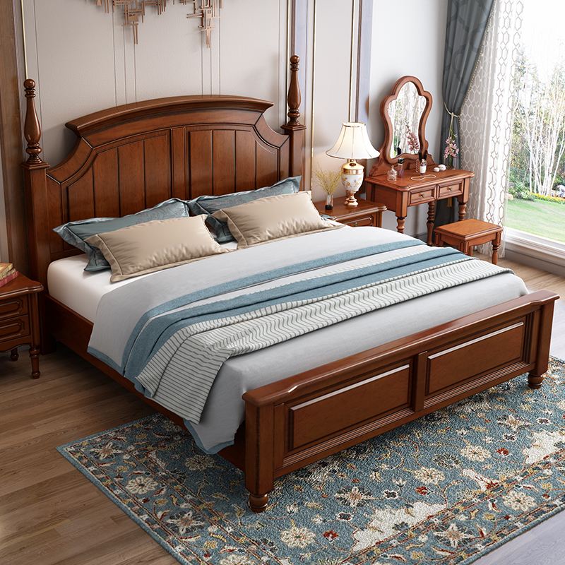 床美式实木床桃花芯木单双人床18m15米床高箱储物卧室精品家具8803s