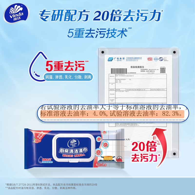 维达厨房清洁湿巾L码60片2包 翻盖抽取式家用强力去油去污加大加厚一擦干净吸油烟机专用(新旧包装交替发货)高清大图