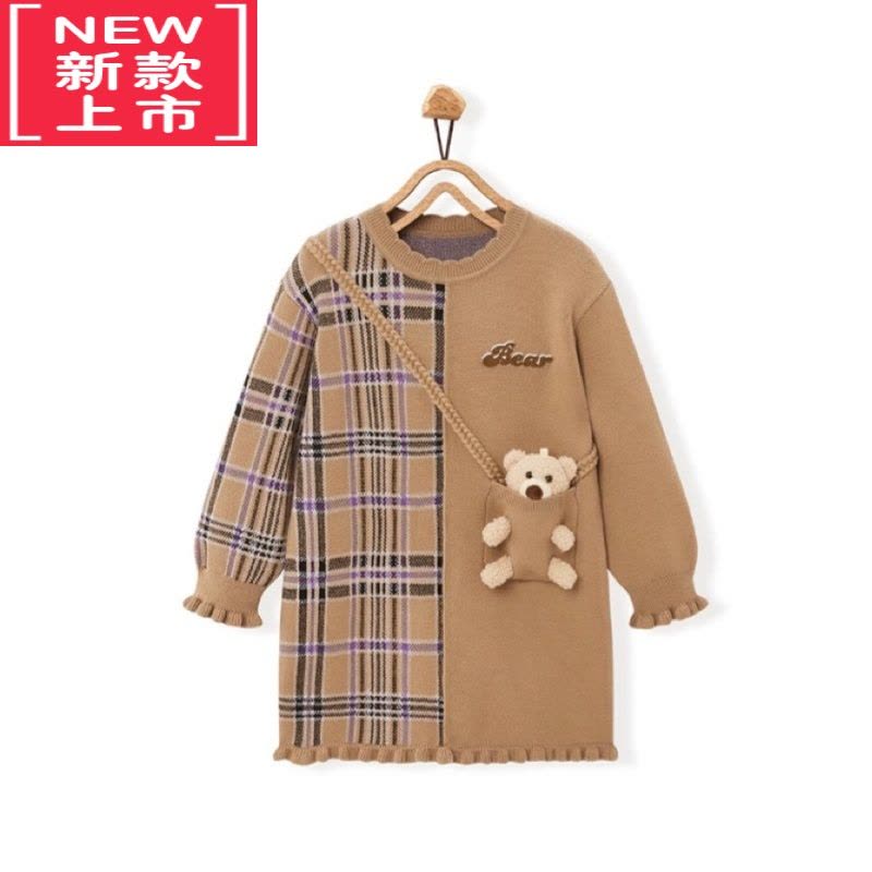 可莉允童装女童毛衣连衣裙2022秋冬小熊格纹针织连衣裙休闲图片