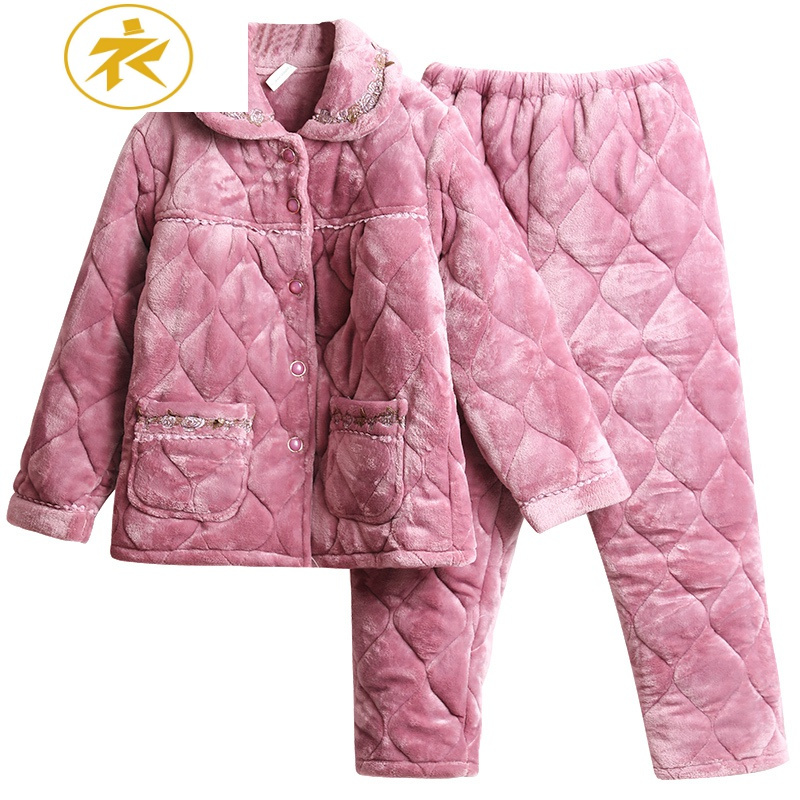 ideamini冬季夹棉睡衣女中老年妈妈婆婆三层加厚保暖珊瑚绒棉袄家居服