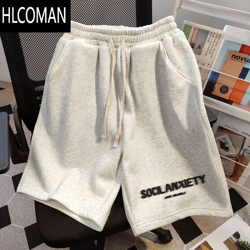 HLCOMAN美式创意字母印花运动休闲短裤男款夏季宽松高腰直筒抽绳五分裤子