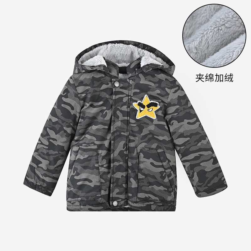 [清仓福利1件5折价:38.5元]铅笔俱乐部童装男小童迷彩棉服加绒加厚夹棉连帽外套冬季