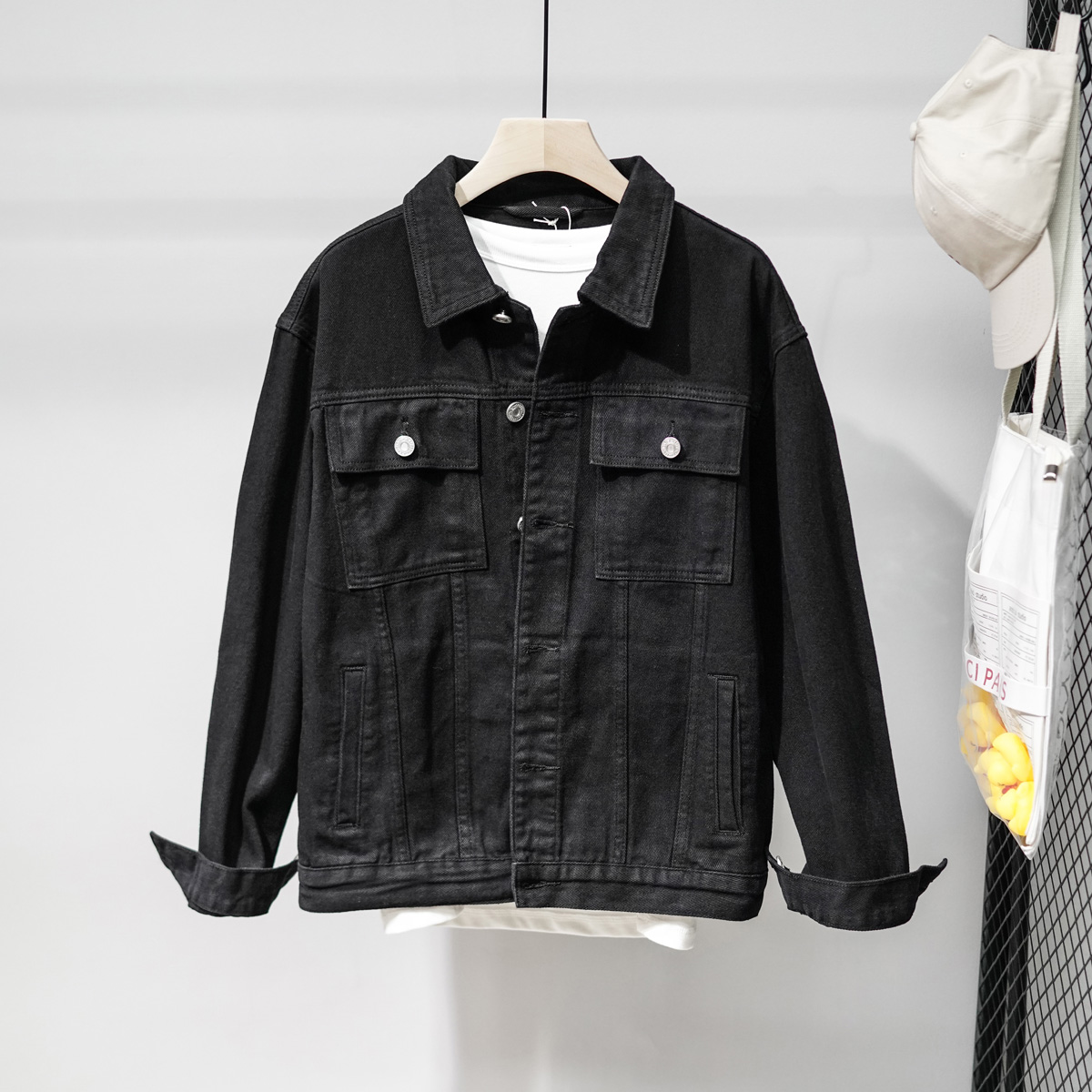 陈邦家▲纯色工装口袋百搭款净色牛仔夹克外套男修身青年牛仔衣潮夹克