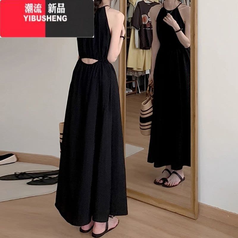 YIBUSHENG黑色挂脖露腰度假风连衣裙女季2024新款设计感收腰显瘦无袖长裙图片