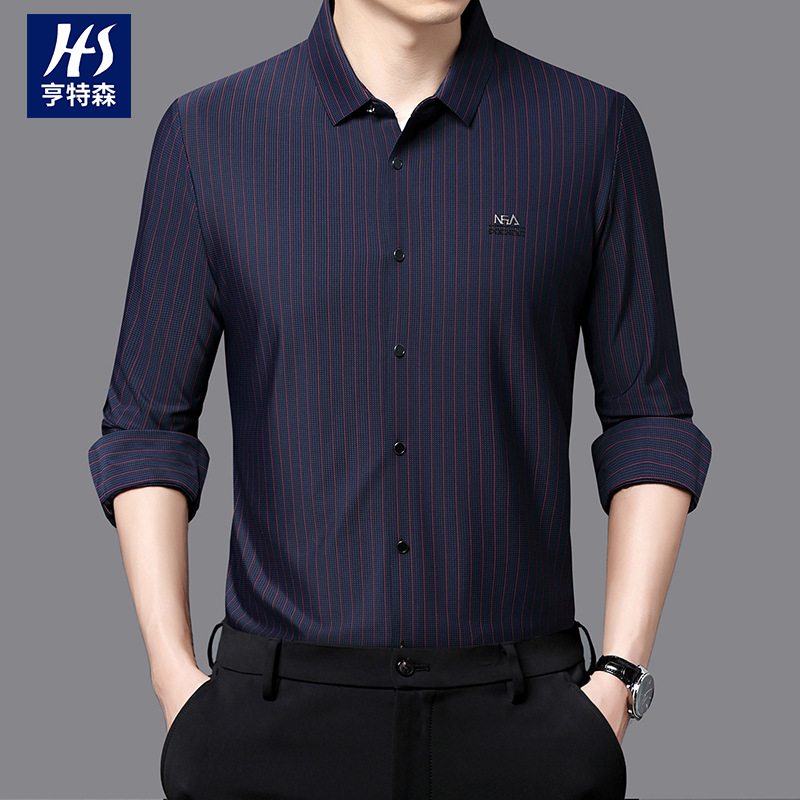 秋季新款长袖衬衫男款条纹中年爸爸装商务透气打底衬衣男士高清大图